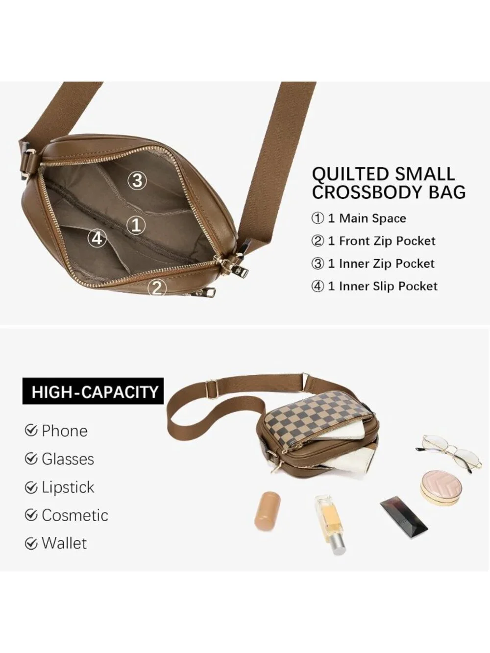 Women's Coffee Leather Crossbody Purses Shoulder Handbags with Wide Strap